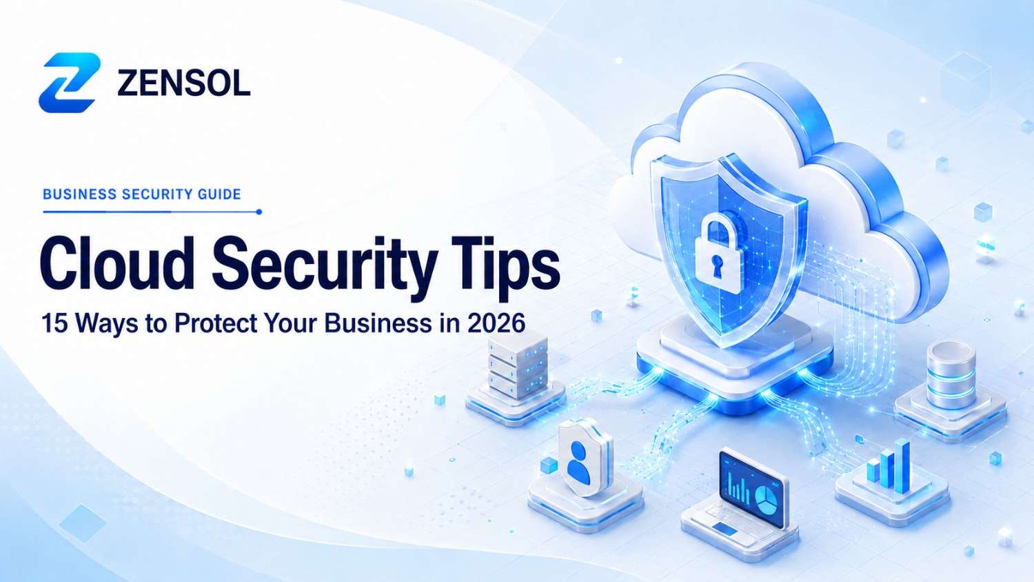 Cloud security tips for businesses with a protected cloud, security shield, and connected infrastructure.